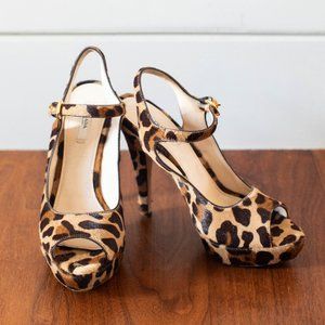 Prada Leopard Print Calf Hair Open Toe Slingback Pumps
